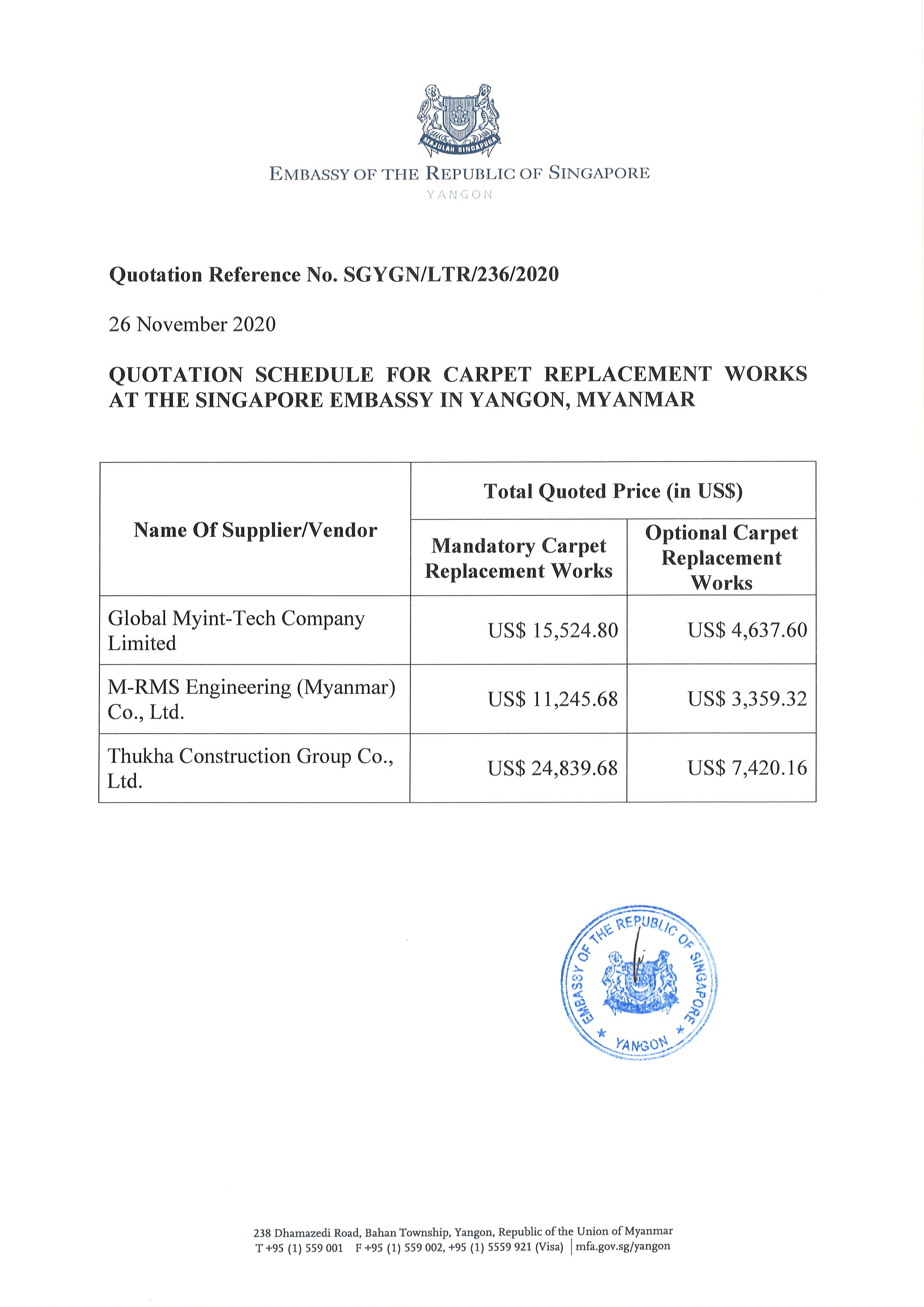 Singapore Embassy quotation for carpet replacement, with a table of three vendors and US$ pricing.